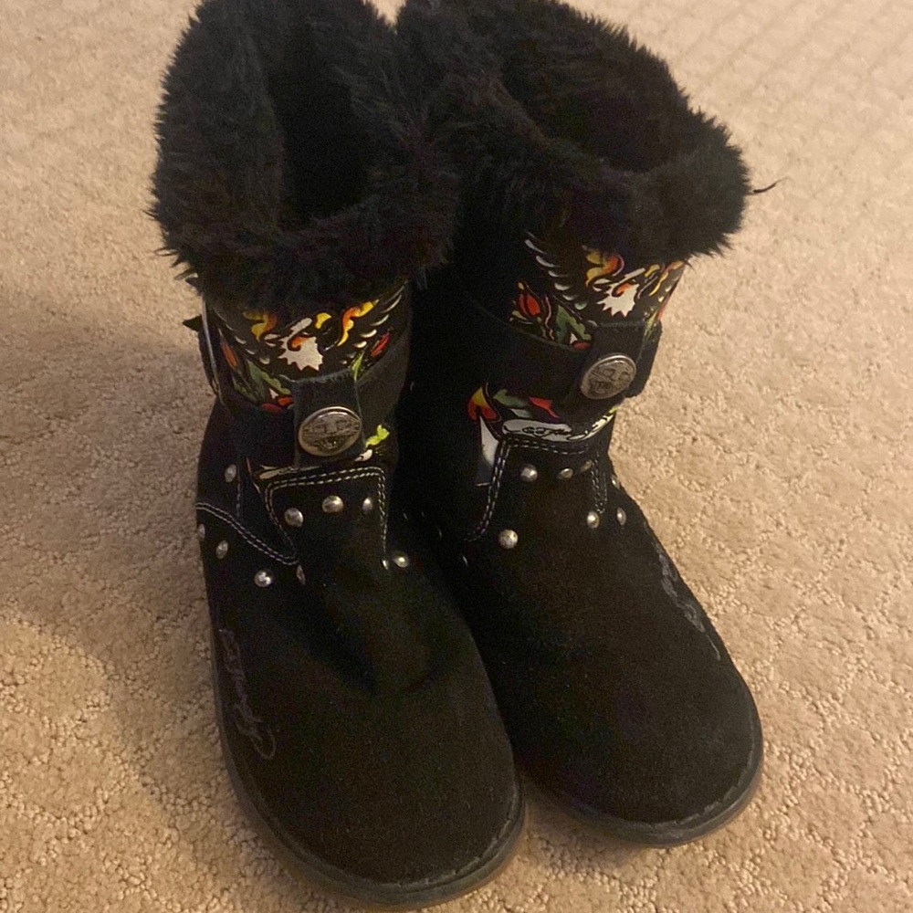 ED Hardy.  Black Moccasin Boots.